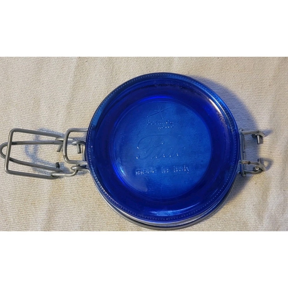 Vintage Bormioli Rocco Fido Blue Glass Jar Lid Top w Clamp Hardware Italy #37
